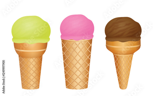 Set illustration of three ice cream cones featuring green, pink, and chocolate scoops. Each cone has a distinct waffle texture, showcasing a variety of flavors in a fun and vibrant design.