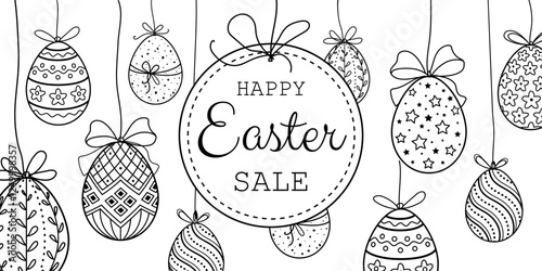 Happy Easter sale banner with hanging decorative Easter eggs isolated on white background. Creative hand drawn black line illustration. Vector design template for banner, greeting card.