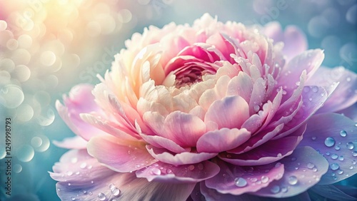 Wallpaper Mural A stunning peony with full, lush petals in a variety of pastel shades and gentle dew drops on its surface, peony, garden Torontodigital.ca