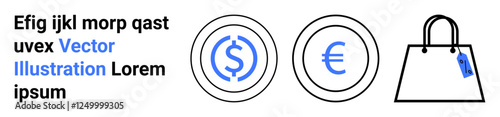 Circular dollar and euro signs along with a shopping bag hinting at financial transactions, retail, and trade. Ideal for e-commerce, payment systems, business, shopping, finance, global trade flat