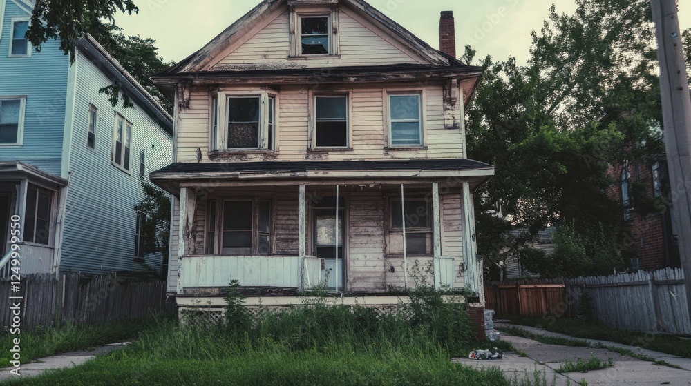 custom made wallpaper toronto digitalDilapidated Two-Story House with Overgrown Lawn in Urban Neighborhood