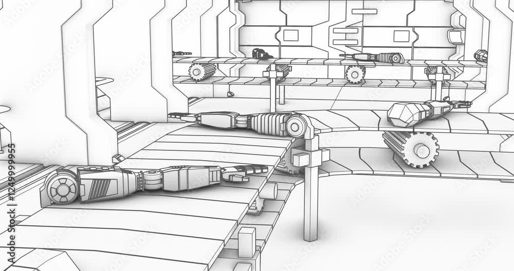 Line art animation robot arms moving conveyor belt white background and black outline in 4k and HD
