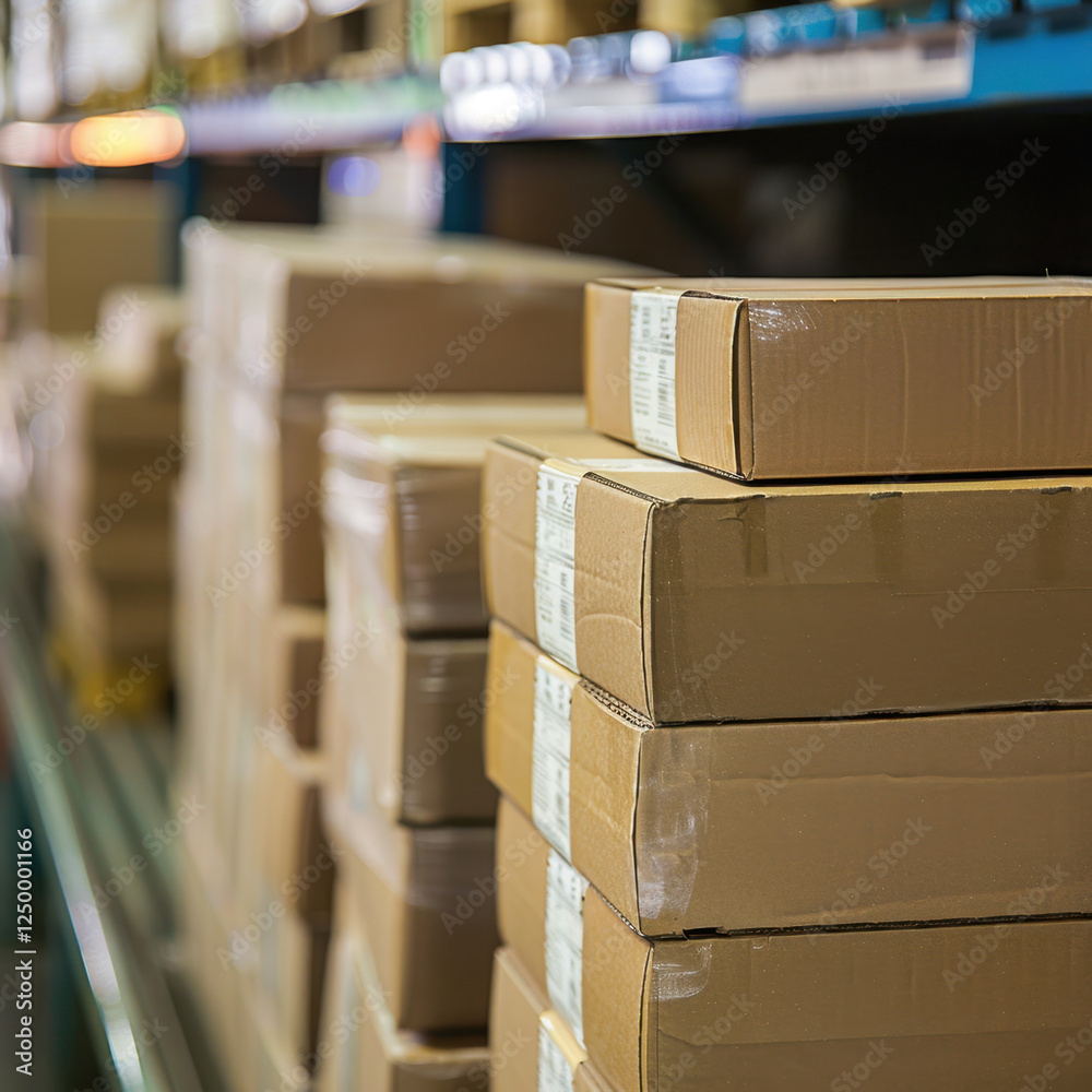 Stacked cardboard boxes ready for shipment in warehouse setting, showcasing organized storage and logistics operations Stacked cardboard boxes ready for shipment in warehouse setting, showcasing organized storage and logistics operations