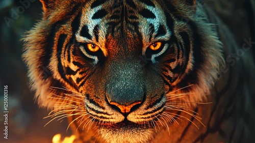 tiger with flames in its eyes, fur glowing with fiery light, intense and powerful, symbolizing raw strength and wild energy