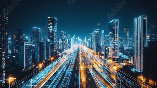 Night Cityscape Illuminating Skyscrapers And Traffic Trails