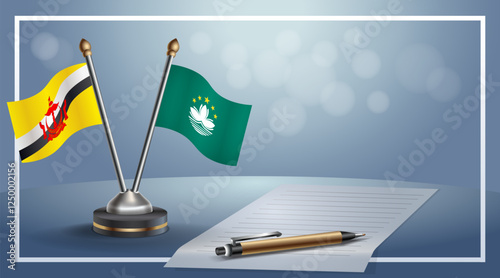 Brunei and Macao National flags on small table with bokeh background, cooperative relationship
