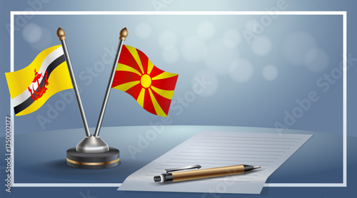 Brunei and Macedonia National flags on small table with bokeh background, cooperative relationship