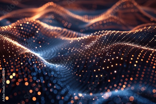 Quantum sound particles form waves of copper and midnight blue, microscopic audio visualization, detailed frequency dots noise.