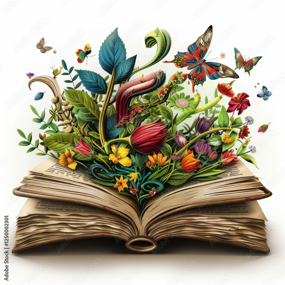 Obraz premium vibrant, colorful illustration of open book filled with flowers, leaves, and butterflies, symbolizing creativity and nature beauty