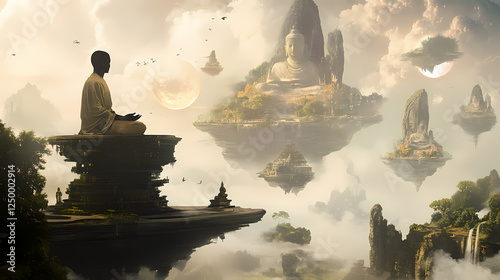 An ethereal realm filled with floating islands bathed in cosmic light, where enlightened beings meditate and perform mystic arts. Ancient Cosmic Beings. Illustration