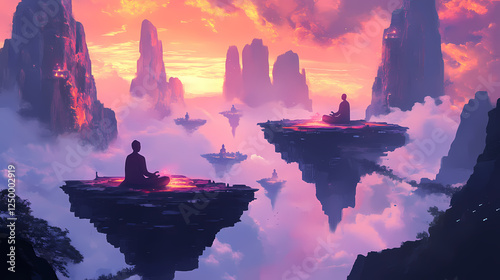 An ethereal realm filled with floating islands bathed in cosmic light, where enlightened beings meditate and perform mystic arts. Ancient Cosmic Beings. Illustration