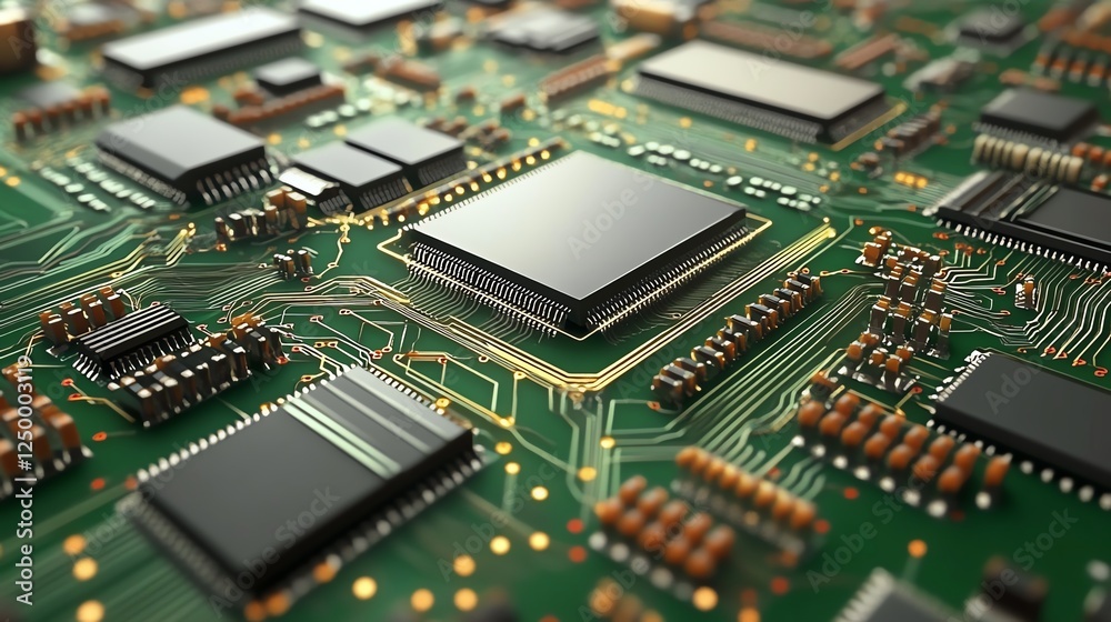 Close-up View of a Complex Circuit Board Showcasing Microchips and Electronic Components Close-up View of a Complex Circuit Board Showcasing Microchips and Electronic Components