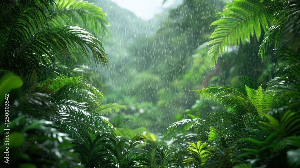 Fototapeta premium Tropical rainforest downpour, lush foliage, mountain backdrop, nature scene
