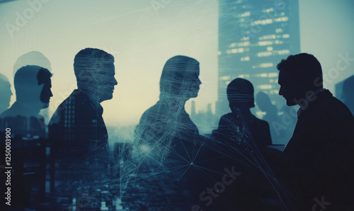 There are silhouettes of several business people doing various activities, some talking and some using mobile phones