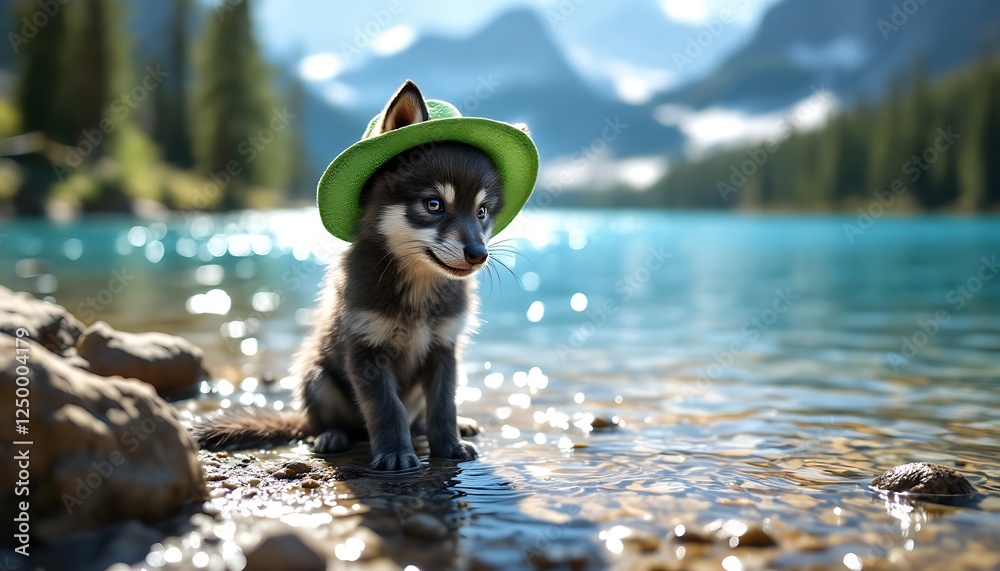 Obraz premium Cute Puppy with Green Hat Sitting by a Sparkling Mountain Lake