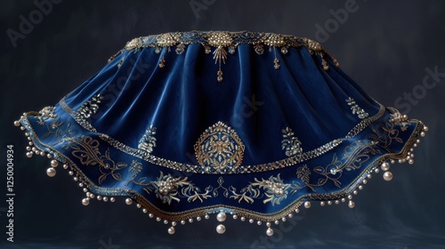 Royal Russian sarafan in void deep blue velvet golden embroidery pearl decor intricate patterns mannequin studio photography. photo