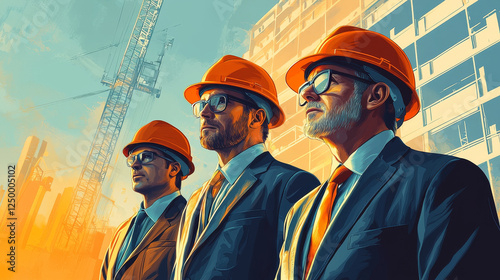 Engineers hard hats construction site, focused and determined