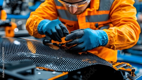 Close up of a worker in an automotive factory using tools to mold and shape a carbon fiber car hood or other automotive component as part of the manufacturing process on the production line