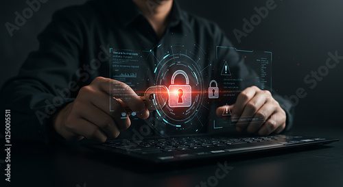 Man Interacting With Digital Security Lock Interface On Laptop