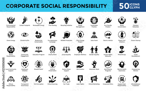 Corporate Social Responsibility icons set with environmental responsibility, carbon footprint, renewable energy, tree planting, recycling initiative, waste management icon. Simple glyph vector 
