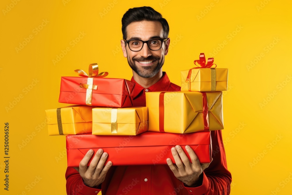 Happy man in red sweater holding stack of Christmas gift boxes on yellow background with copy space. Holiday presents for New Year, Birthday, Valentine day celebration Happy man in red sweater holding stack of Christmas gift boxes on yellow background with copy space. Holiday presents for New Year, Birthday, Valentine day celebration