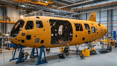 Closeup view of an orange carbon fiber airframe being carefully mounted and assembled onto a futuristic space vehicle in a modern industrial factory setting