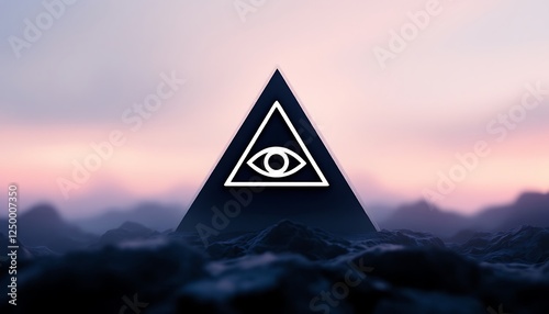 Illuminati Symbol on Pyramid Over Surreal Landscape with Dreamy Sky photo