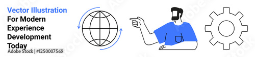 Globe with rotation arrows, man pointing, gear icon symbolizing progress, teamwork, and strategy. Ideal for technology, innovation, development, education consulting collaboration flat landing