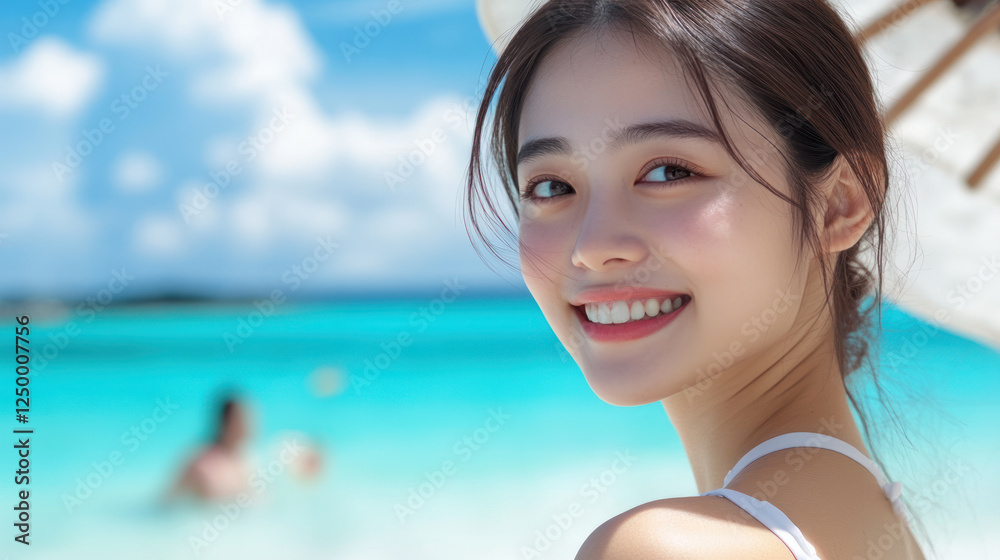 Chinese woman in white dress smiling enjoying seaside on Isla Mujeres beach Chinese woman in white dress smiling enjoying seaside on Isla Mujeres beach