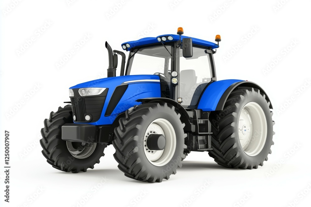 Blue tractor with white tires is parked on a white background Blue tractor with white tires is parked on a white background