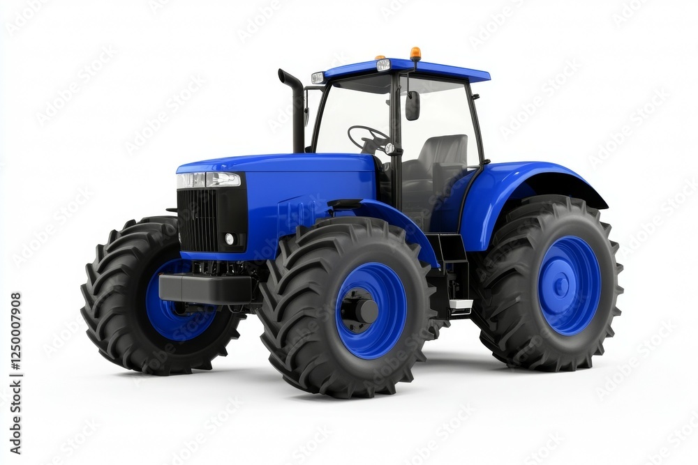 Blue tractor with large tires is parked on a white background Blue tractor with large tires is parked on a white background