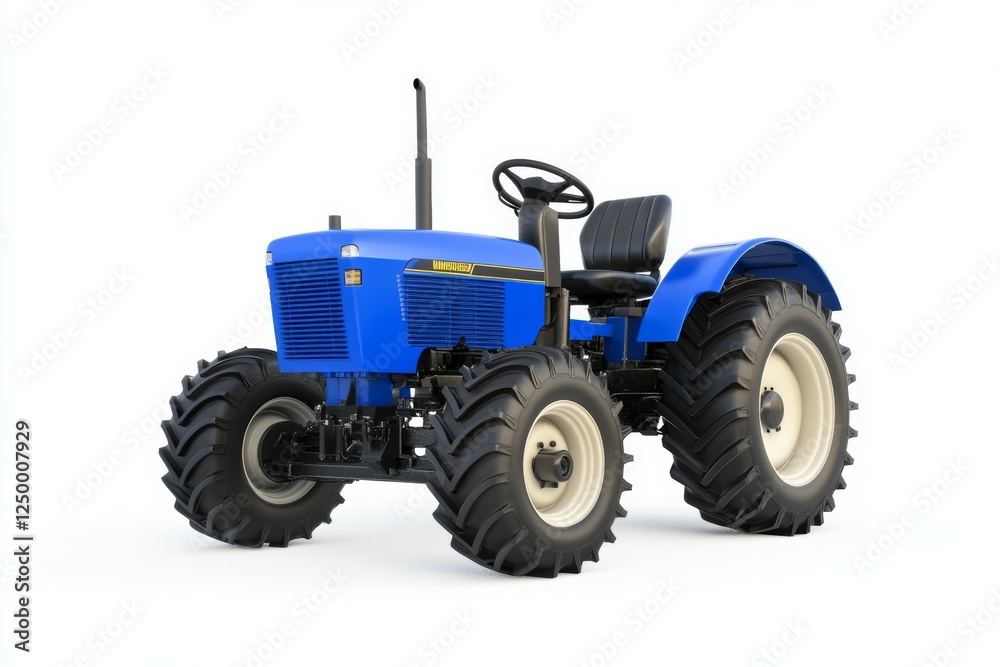 Blue tractor with large tires is parked on a white background Blue tractor with large tires is parked on a white background