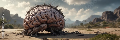 A surrealistic representation of a brain encased in a crown of thorns with dreamlike landscapes and fantastical creatures, brain, futurism, fantastical