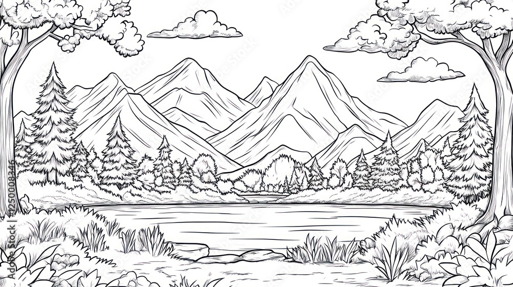 Serene mountain lake landscape, coloring page Serene mountain lake landscape, coloring page