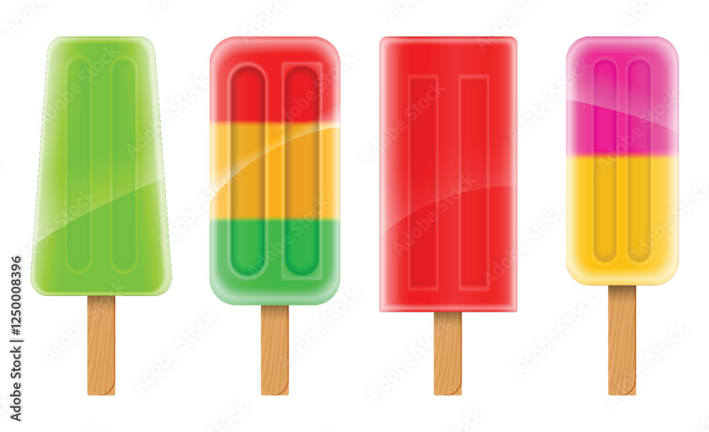 Set illustration of four ice pops featuring various designs and colors. The image showcases green, striped, red, and pink-yellow ice pops with wooden sticks, evoking a refreshing and fun summer vibe. Set illustration of four ice pops featuring various designs and colors. The image showcases green, striped, red, and pink-yellow ice pops with wooden sticks, evoking a refreshing and fun summer vibe.
