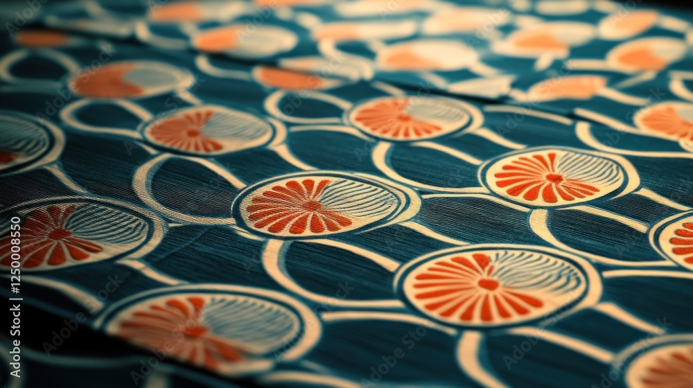 Obraz premium Close-up of teal fabric with red and white floral pattern.
