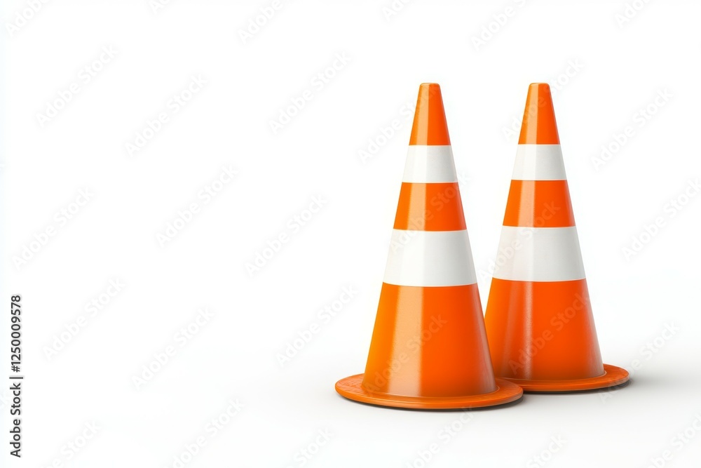 Two orange and white traffic cones are on a white background Two orange and white traffic cones are on a white background
