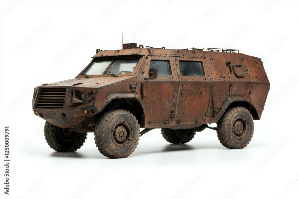Rusty military vehicle with a large window on the front Rusty military vehicle with a large window on the front