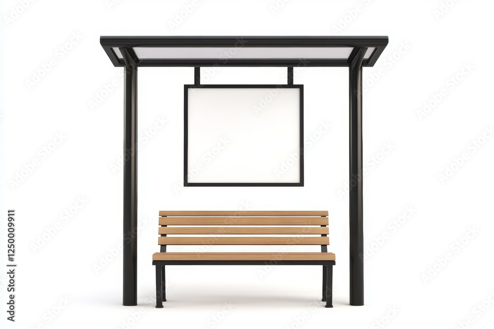 Bench is sitting under a sign that is white and black Bench is sitting under a sign that is white and black