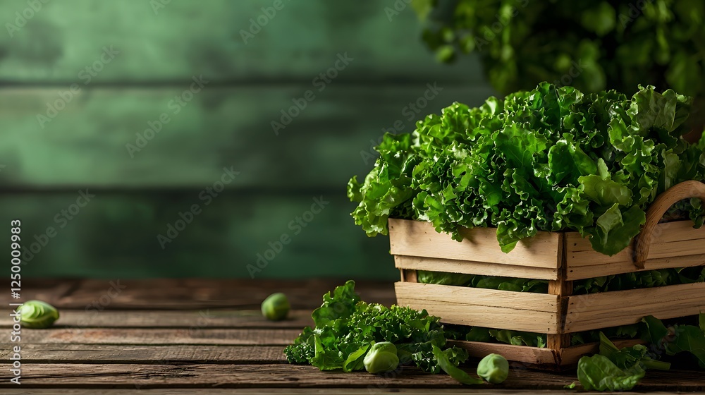 Fresh lush green organic kale leaves in a wooden crate sitting on a rustic wooden table with a blurred green nature background This image represents the concept of healthy Fresh lush green organic kale leaves in a wooden crate sitting on a rustic wooden table with a blurred green nature background This image represents the concept of healthy
