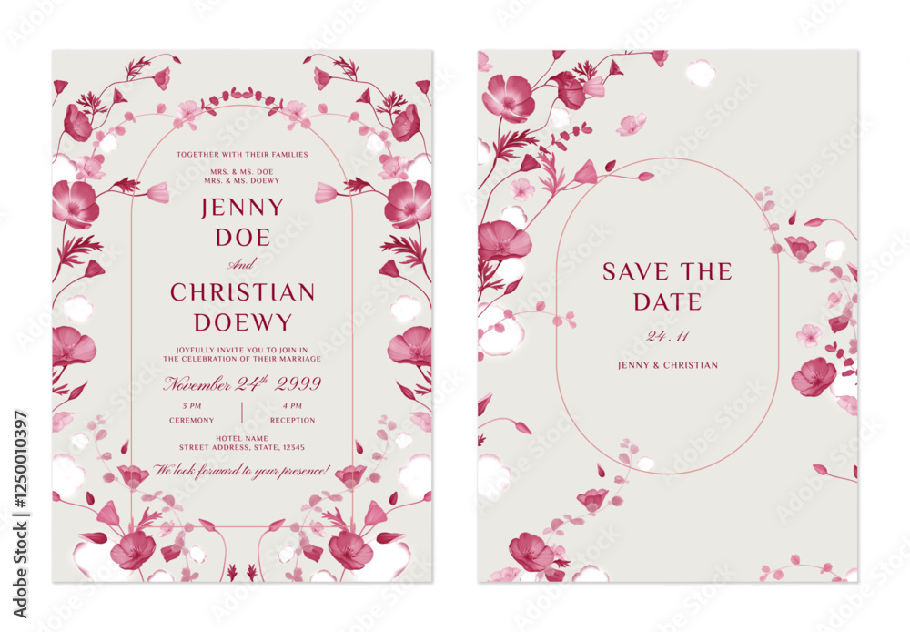 custom made wallpaper toronto digitalwedding invitation and save the date template set of delicate pink floral arranged in a graceful, arching pattern on a gray background, adding a classic and elegant feel