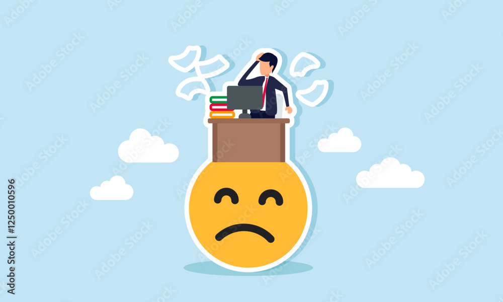 Fototapeta premium A businessman at his desk sits on a sad emoticon, feeling confused and frustrated, illustration of exhaustion from overwhelming business tasks