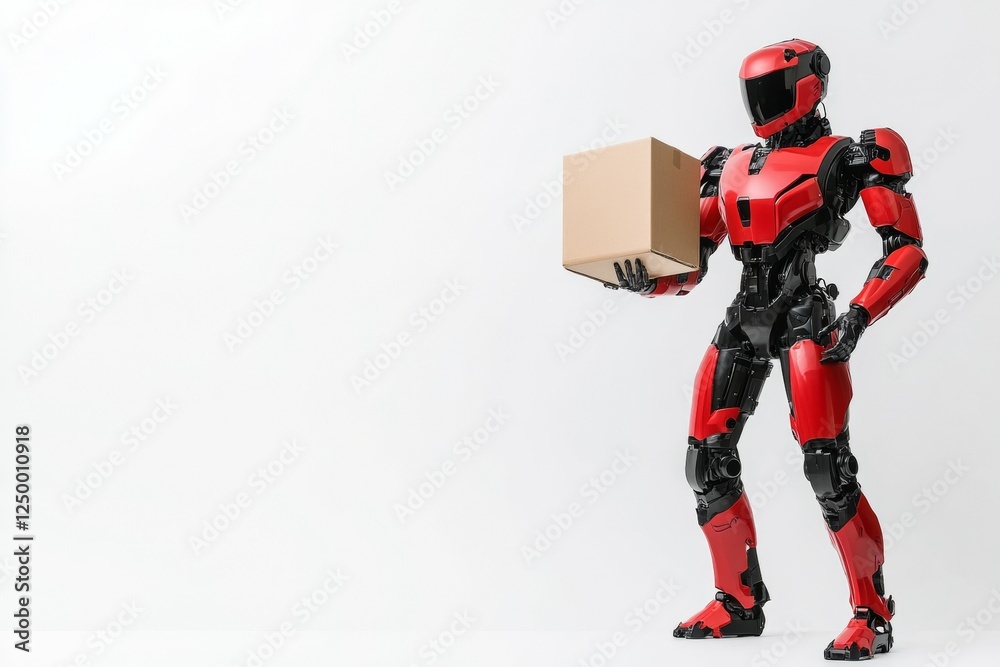 Robot is holding a box and standing in front of a white background Robot is holding a box and standing in front of a white background