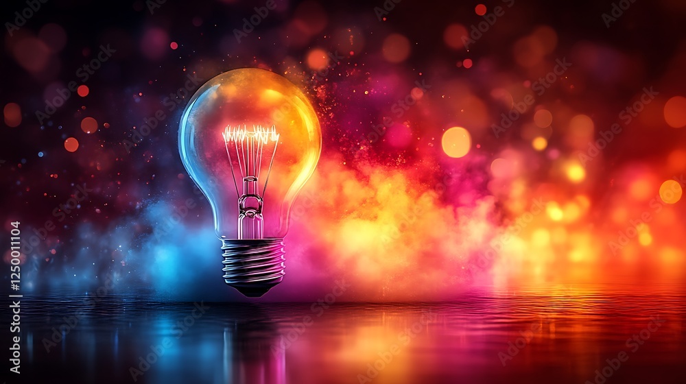 A Lightbulb Radiating in Neon Hues on a Reflective Surface with Vibrant Fog A Lightbulb Radiating in Neon Hues on a Reflective Surface with Vibrant Fog