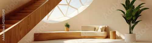 Modern geodesic dome interior with wooden accents and plants