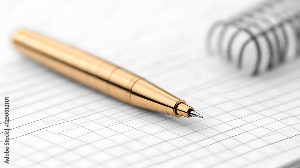Close-up of a gold pen and a spiral notebook on a grid paper surface Close-up of a gold pen and a spiral notebook on a grid paper surface