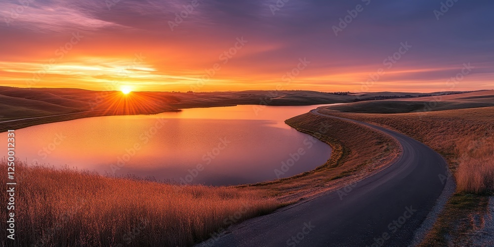 Serene Sunset Over Rolling Hills And Lake Road Serene Sunset Over Rolling Hills And Lake Road