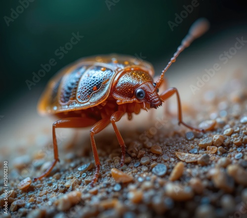 Detailed Close-up of an Insect Walking on Sandy Ground Surface photo