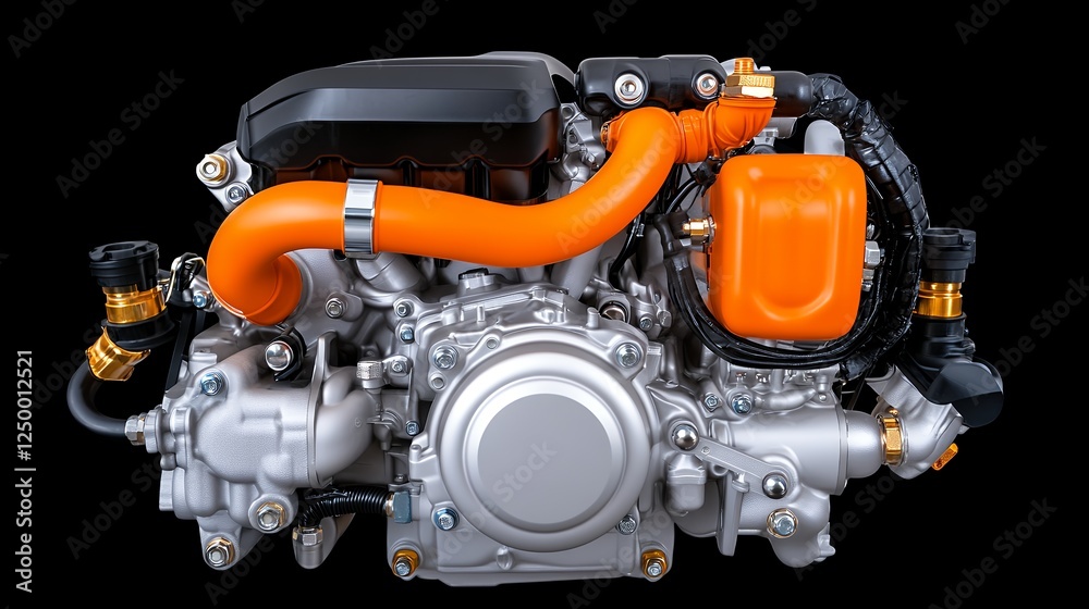 Powerful Engine with Orange Components and Detailed Mechanics Powerful Engine with Orange Components and Detailed Mechanics