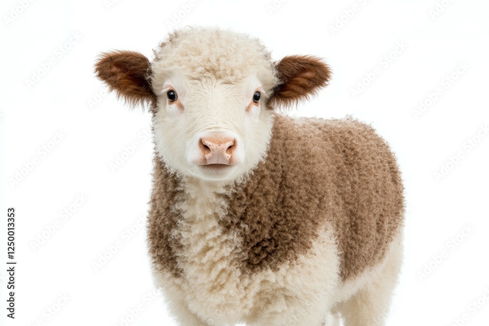 Fototapeta premium Baby sheep with brown and white fur stands in front of a white background